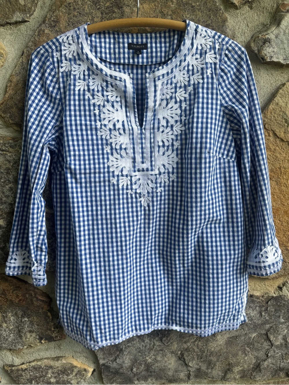 Talbots Blue Gingham Embroidered Cotton Tunic Blouse Top Small Coastal Preppy